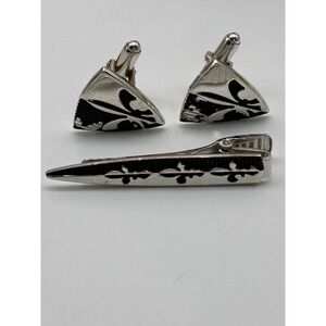 Anson Vintage Mens Silver Tone Fleur de Lis Cufflinks and Tie Clip Set Black